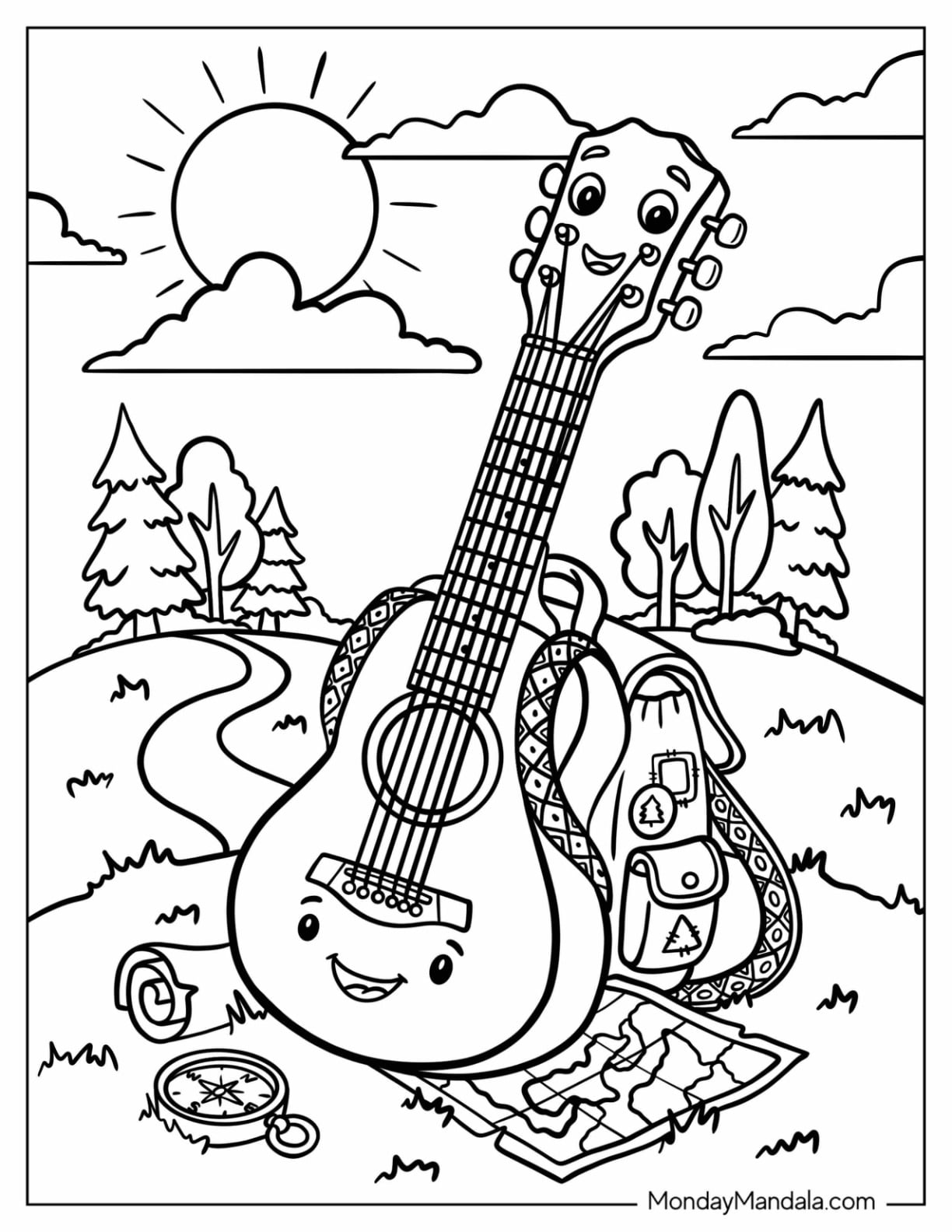 Peaceful Guitar Coloring Page Camping Trip for Kids