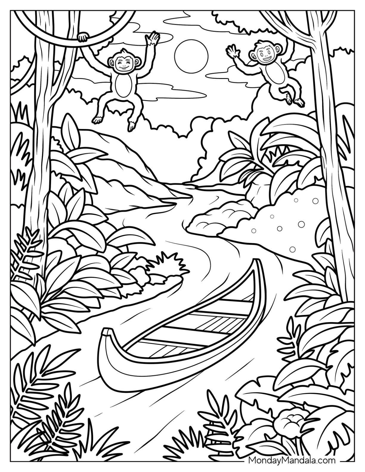 Peaceful Jungle Coloring Page of River with Canoe and Playful Monkeys in the Trees