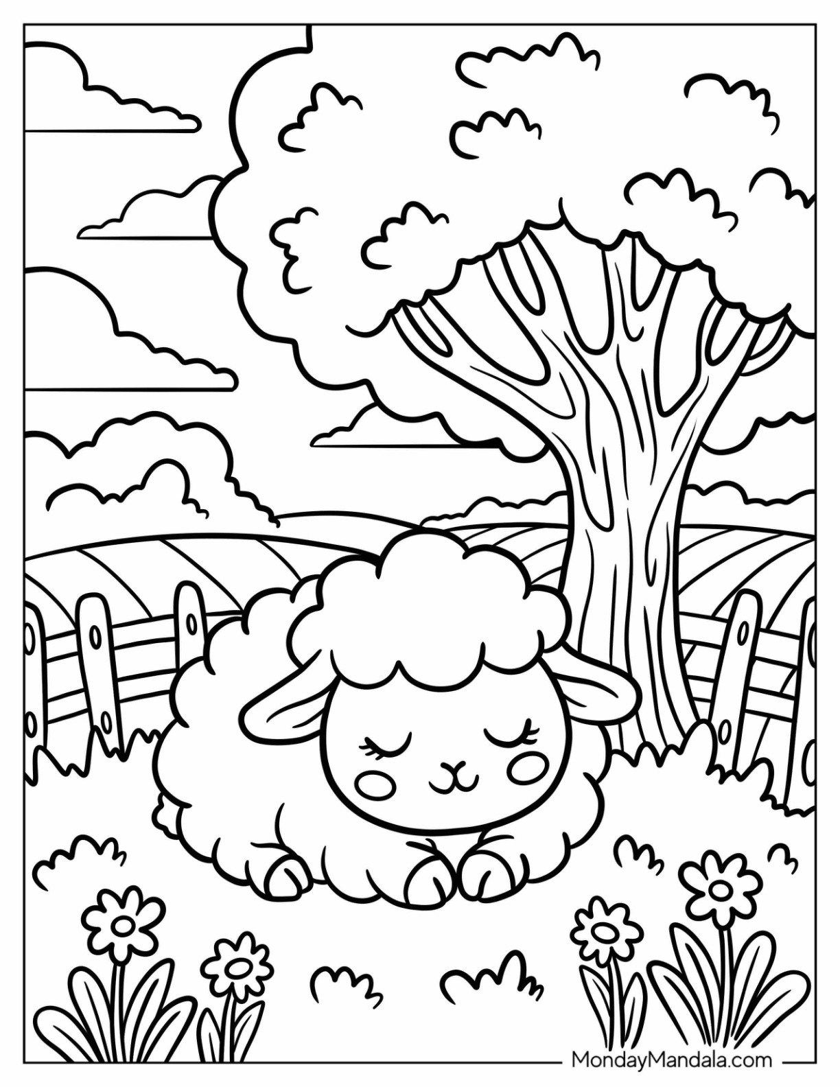 Farm Animal Coloring Page of Peaceful Lamb Resting in Pasture with Fence and Rolling Hills for Preschoolers