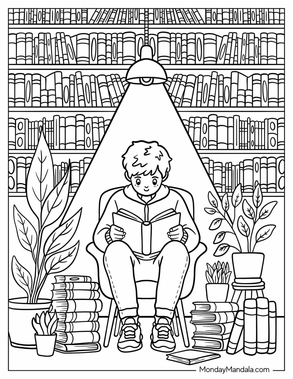 Peaceful Library Coloring Page Corner with Focused Boy Reading Beneath Hanging Light