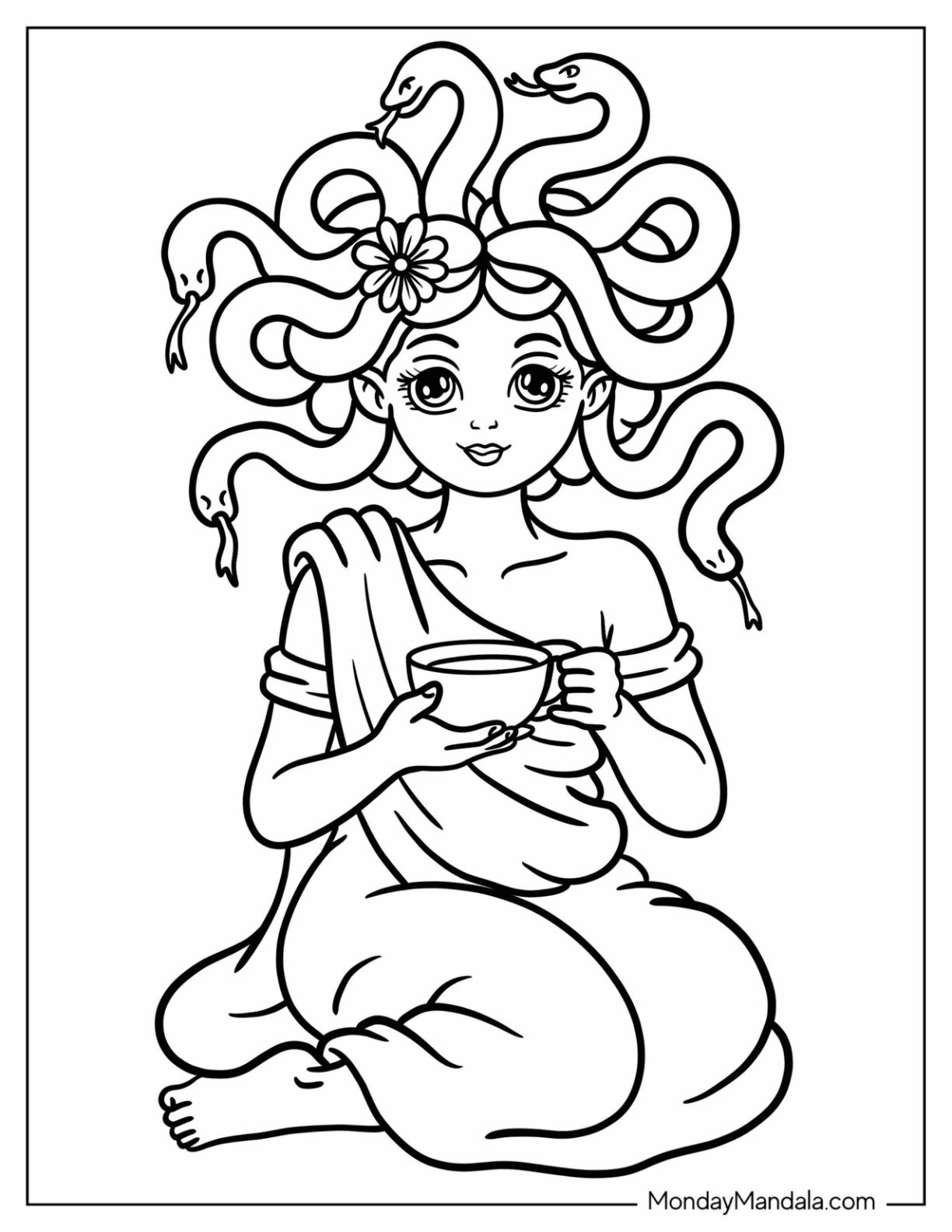 Peaceful Medusa Coloring Page Drinking Tea with Snake Hair and Flower Crown for Kids