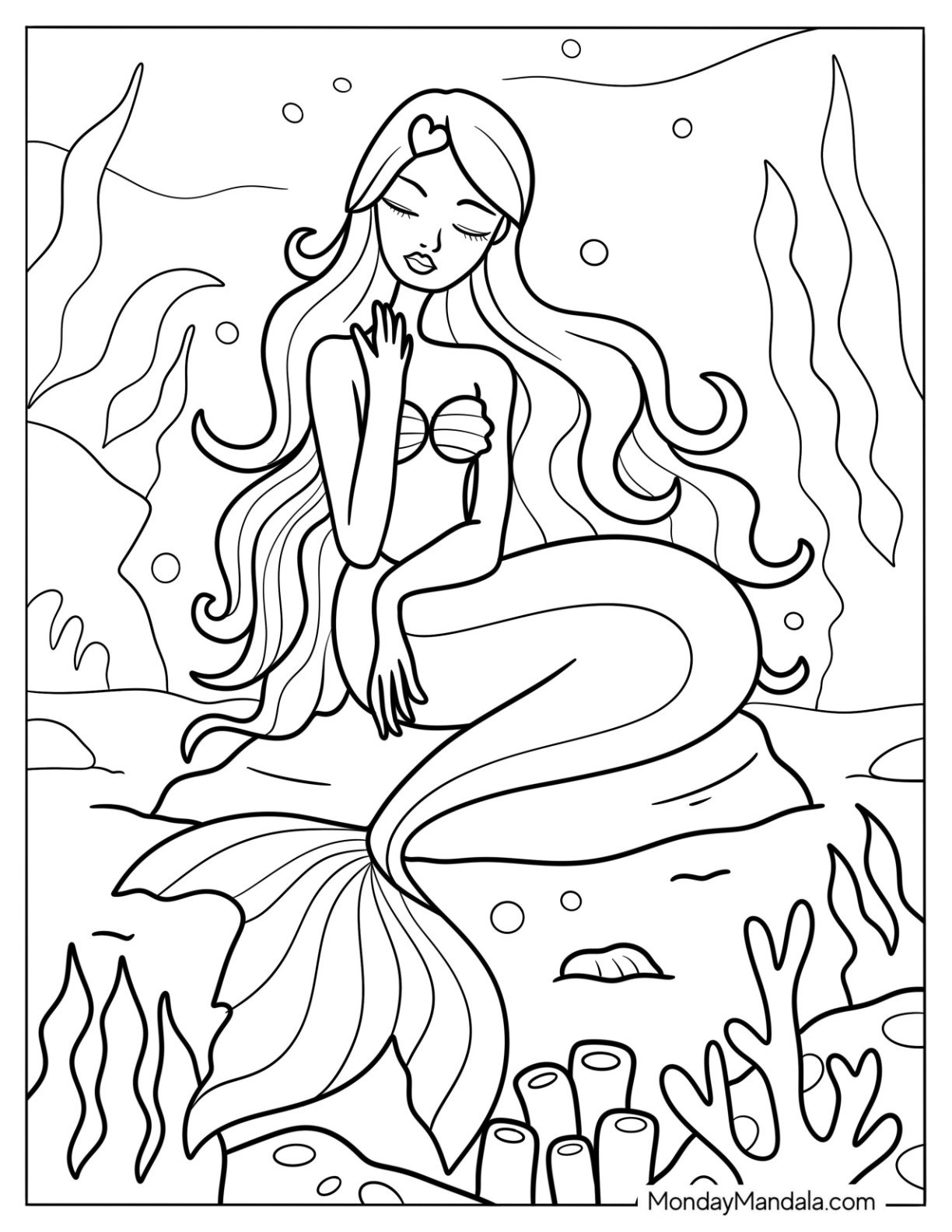 Peaceful Mermaid Coloring Page Touching Her Hair with Seaweed and Bubbles Background