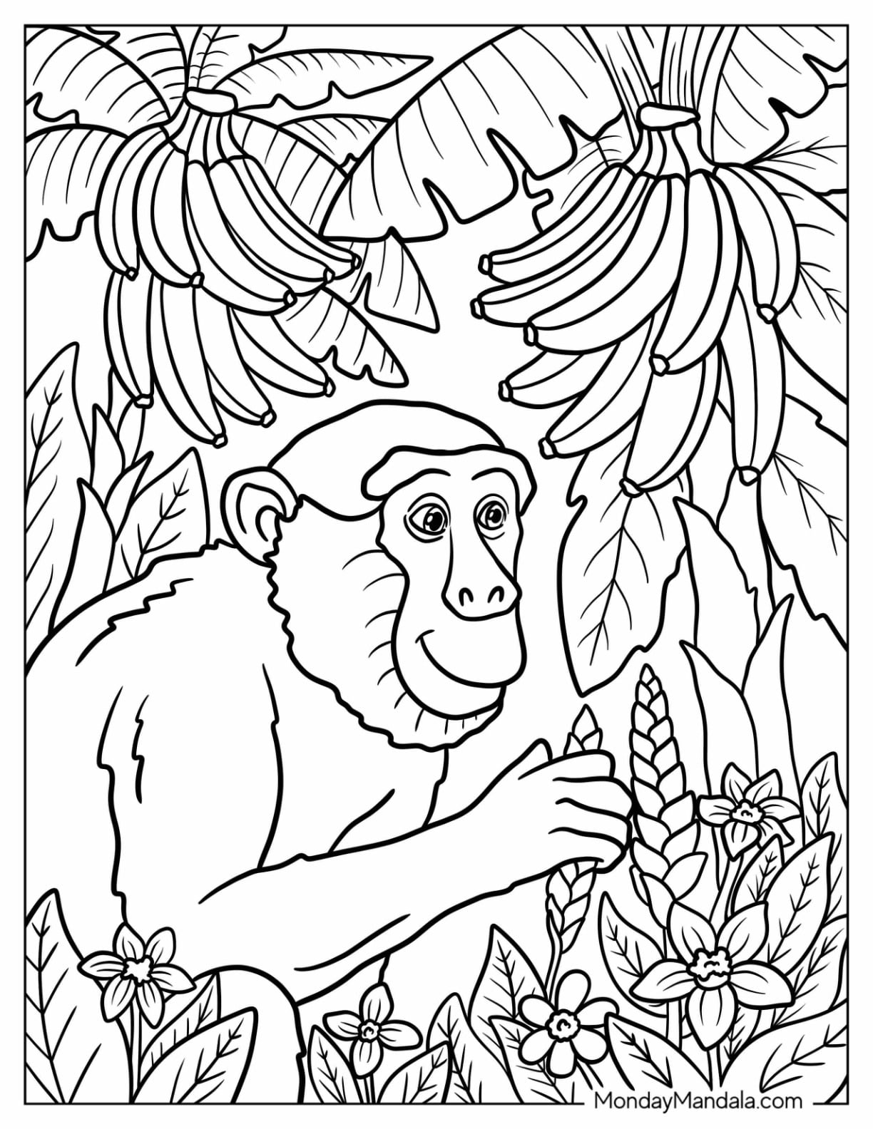 Peaceful Monkey Coloring Page Holding a Flower in the Jungle