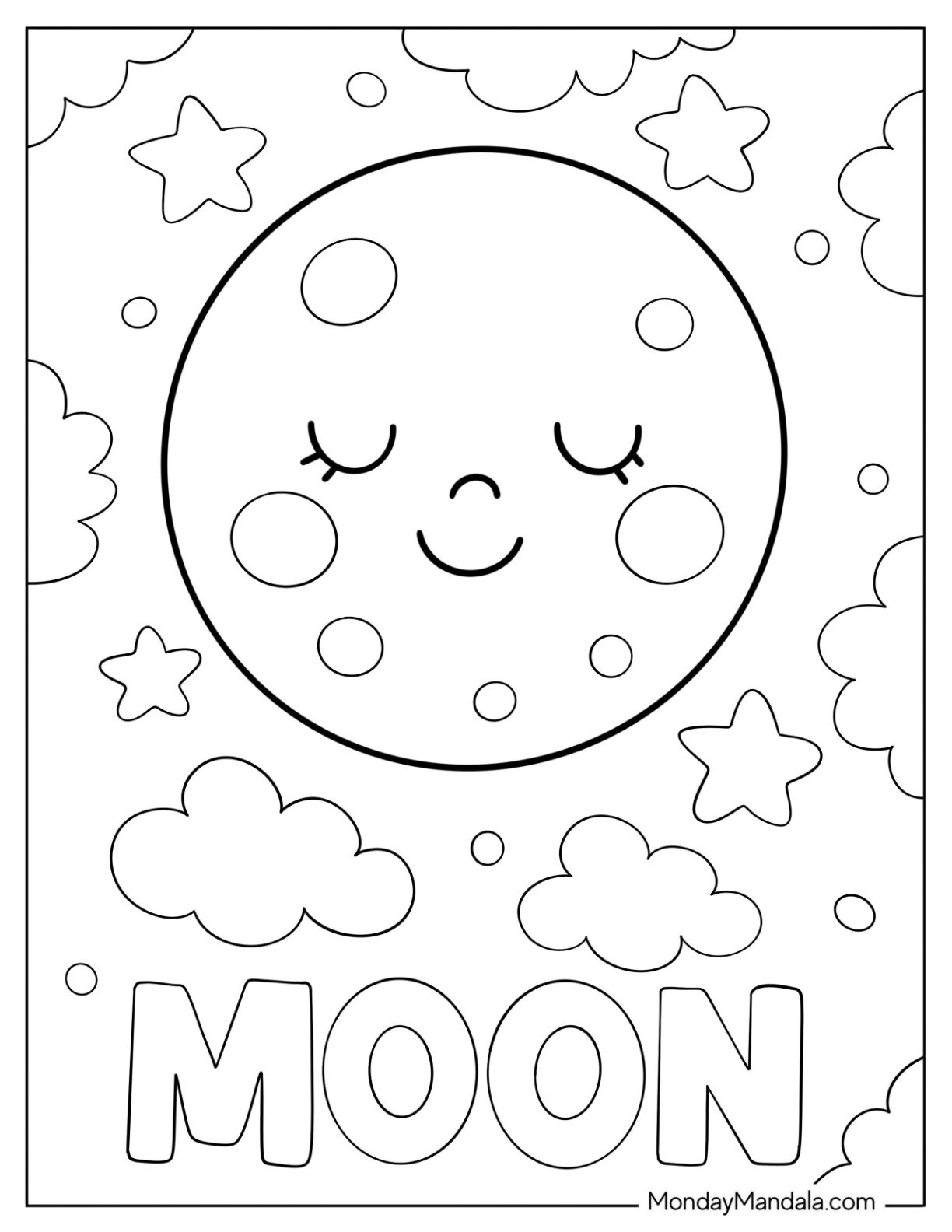 Peaceful Moon Coloring Page with Craters in the Night Sky for Preschoolers