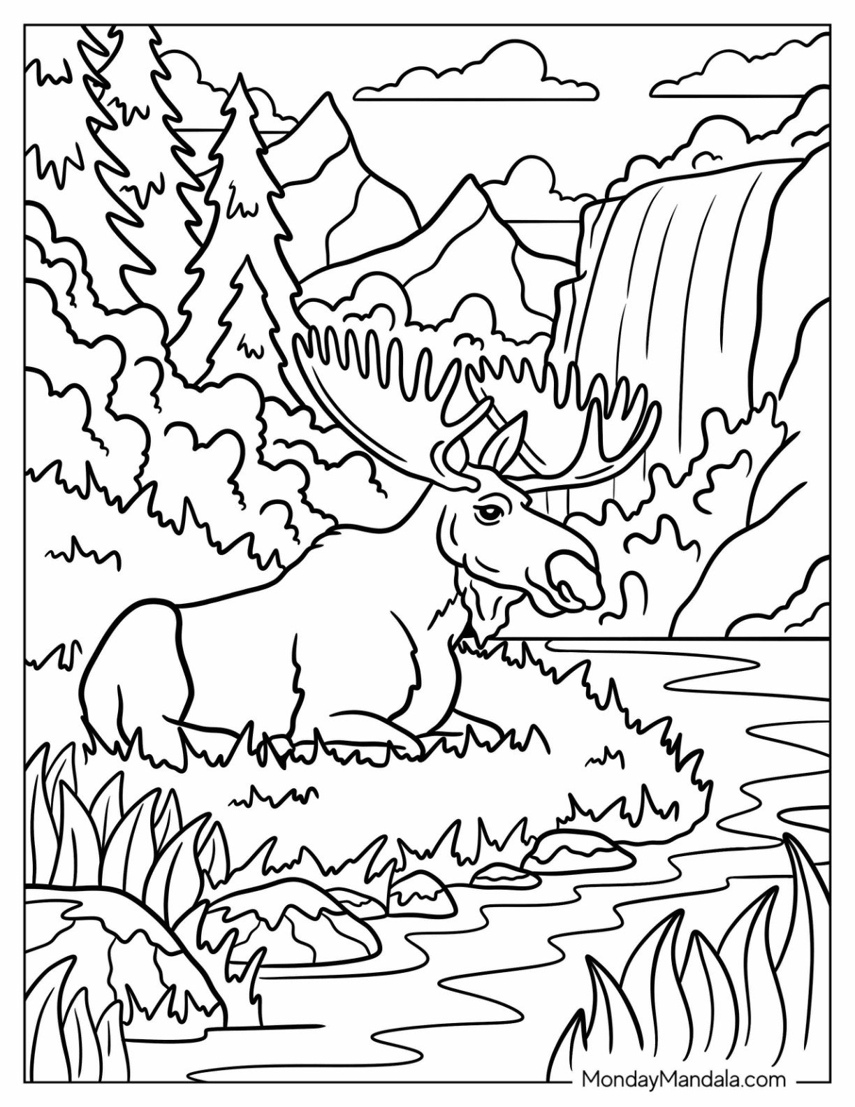 Peaceful Moose Resting Beside a River Coloring Sheet