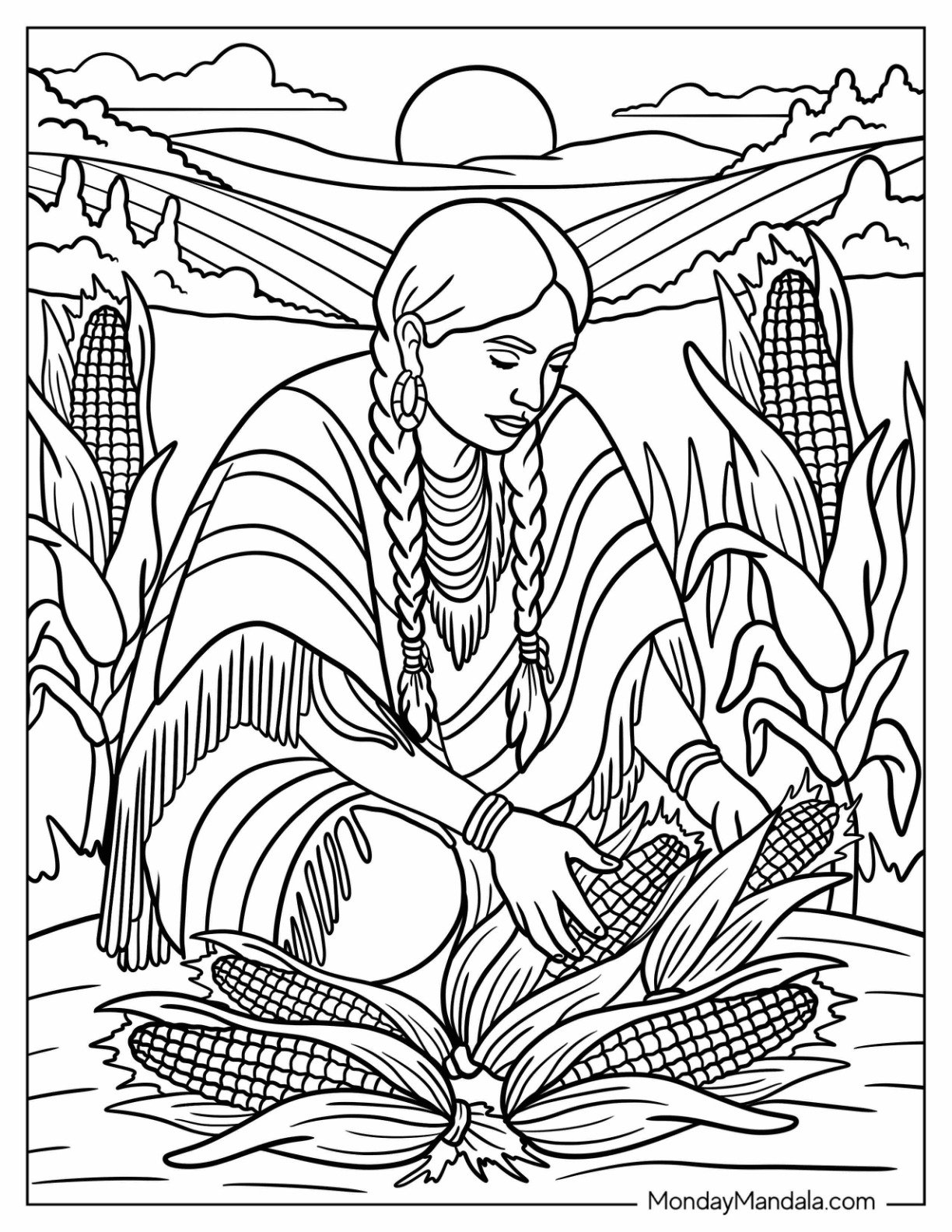 Peaceful Native American Coloring Page of Woman with Braids Harvesting Corn in Field