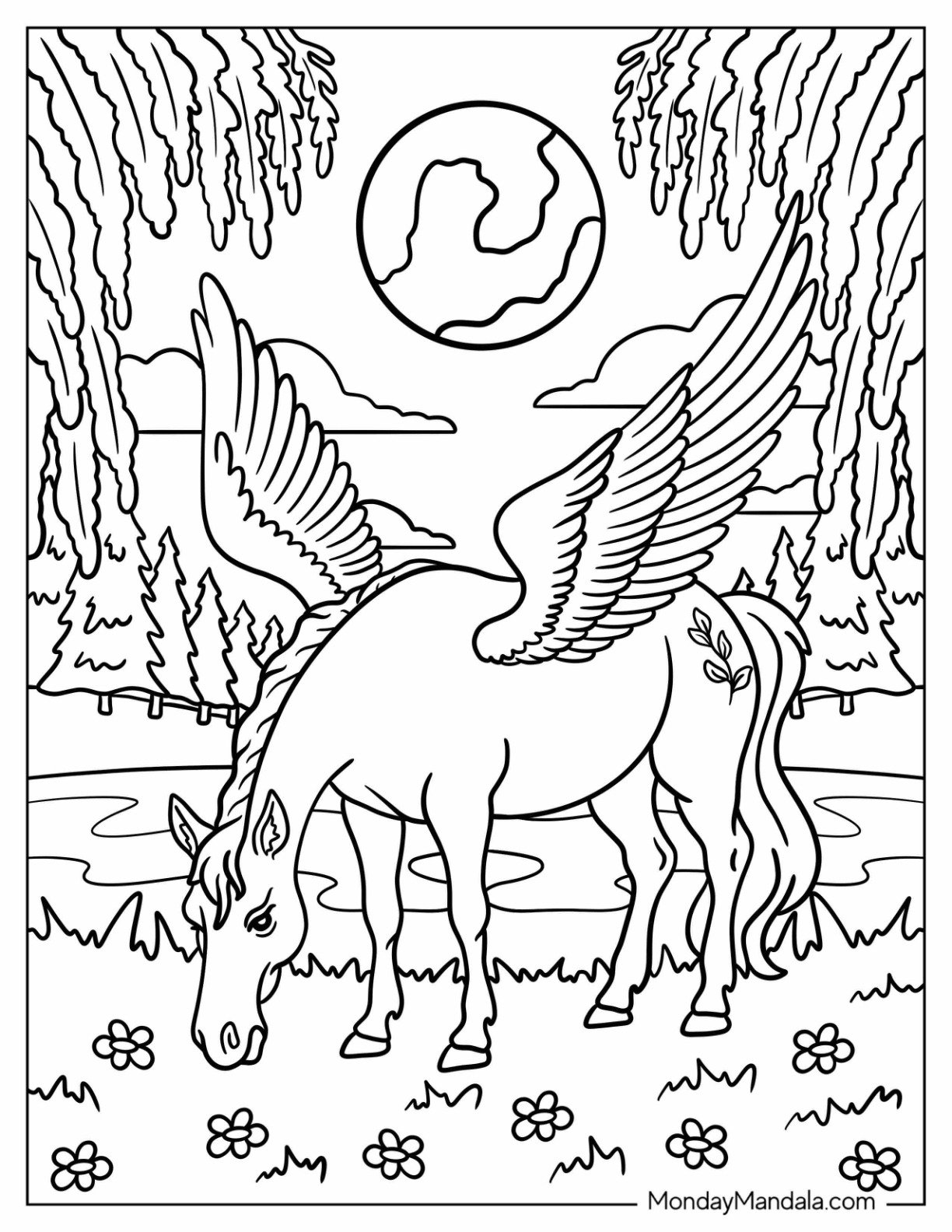 Peaceful Pegasus Coloring Page Grazing by the Lake under Full Moon