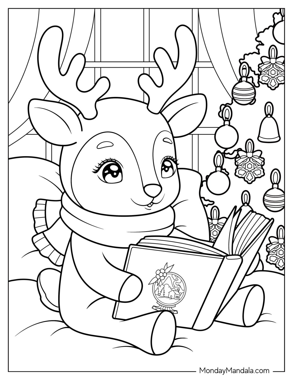 Peaceful Reindeer in a Scarf Reading Next to the Christmas Tree Coloring Page for Kids