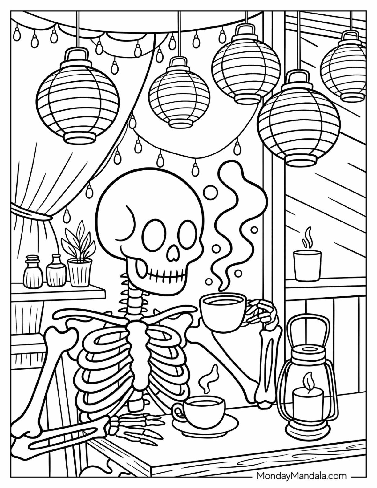 Peaceful Skeleton Coloring Page Drinking Coffee in a Cozy Café with Hanging Lanterns