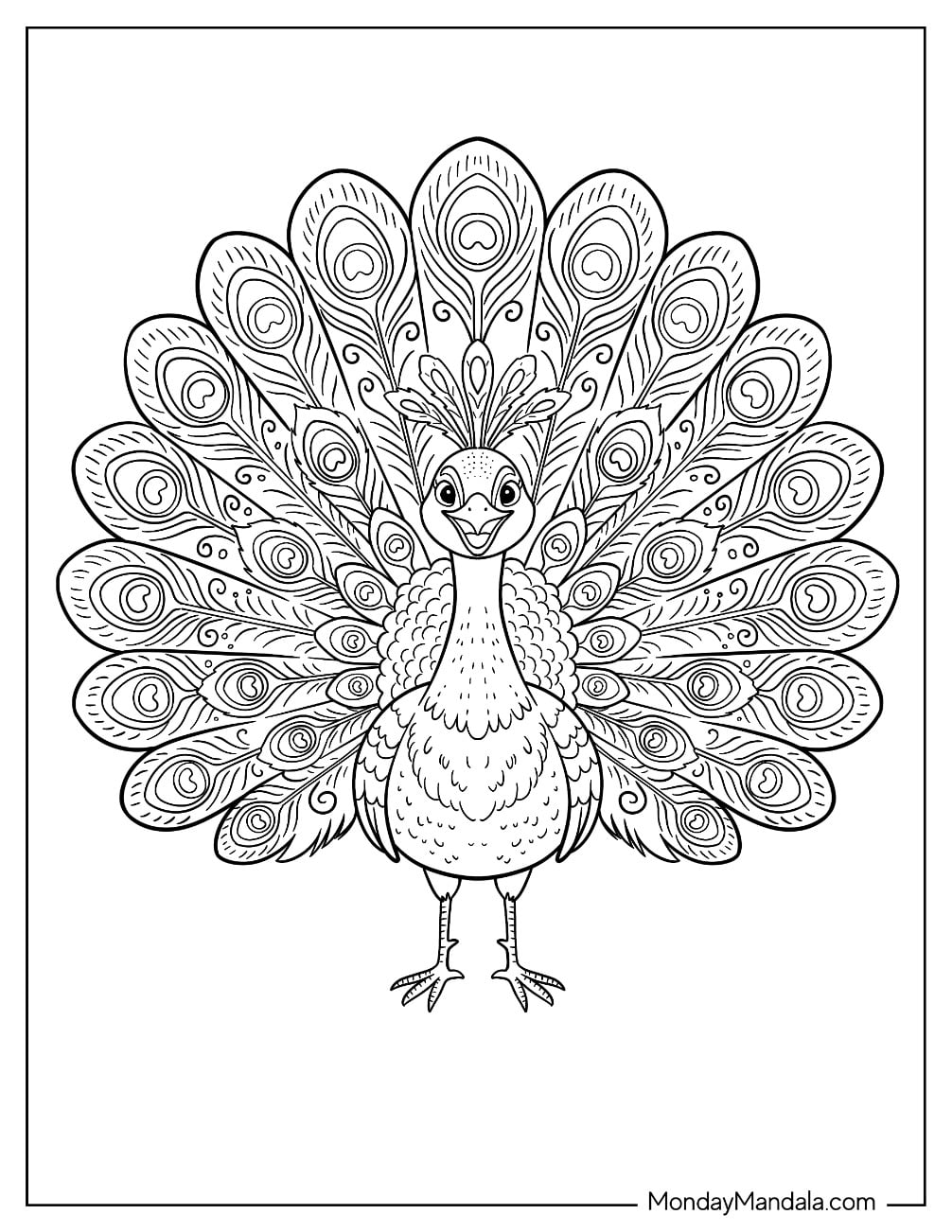 Peacock Displaying Ornate Fan Tail Feathers Coloring Page