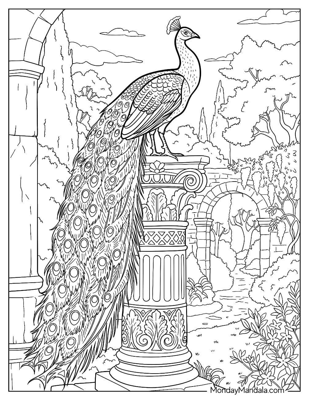 Peacock Perched on an Ancient Garden Column Coloring Page