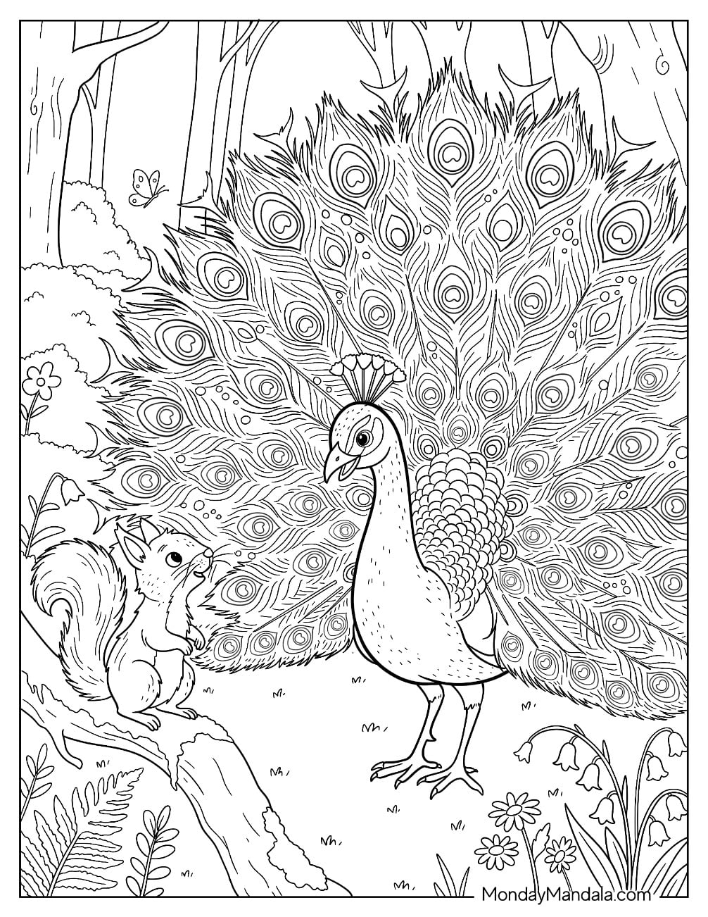 Peacock Showing Tail Feathers to a Squirrel Coloring Sheet