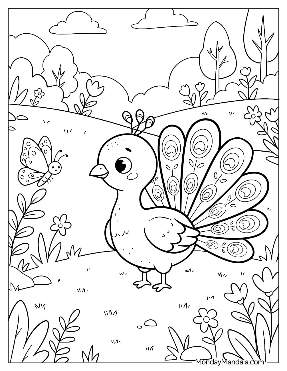 Peacock Watching a Butterfly in a Flower Garden Coloring Page