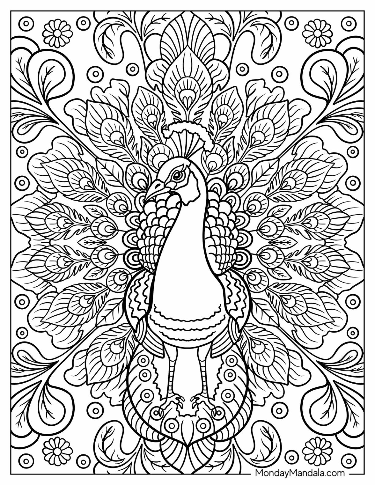 Peacock Coloring Page in Ornamental Mandala Style With Floral Pattern