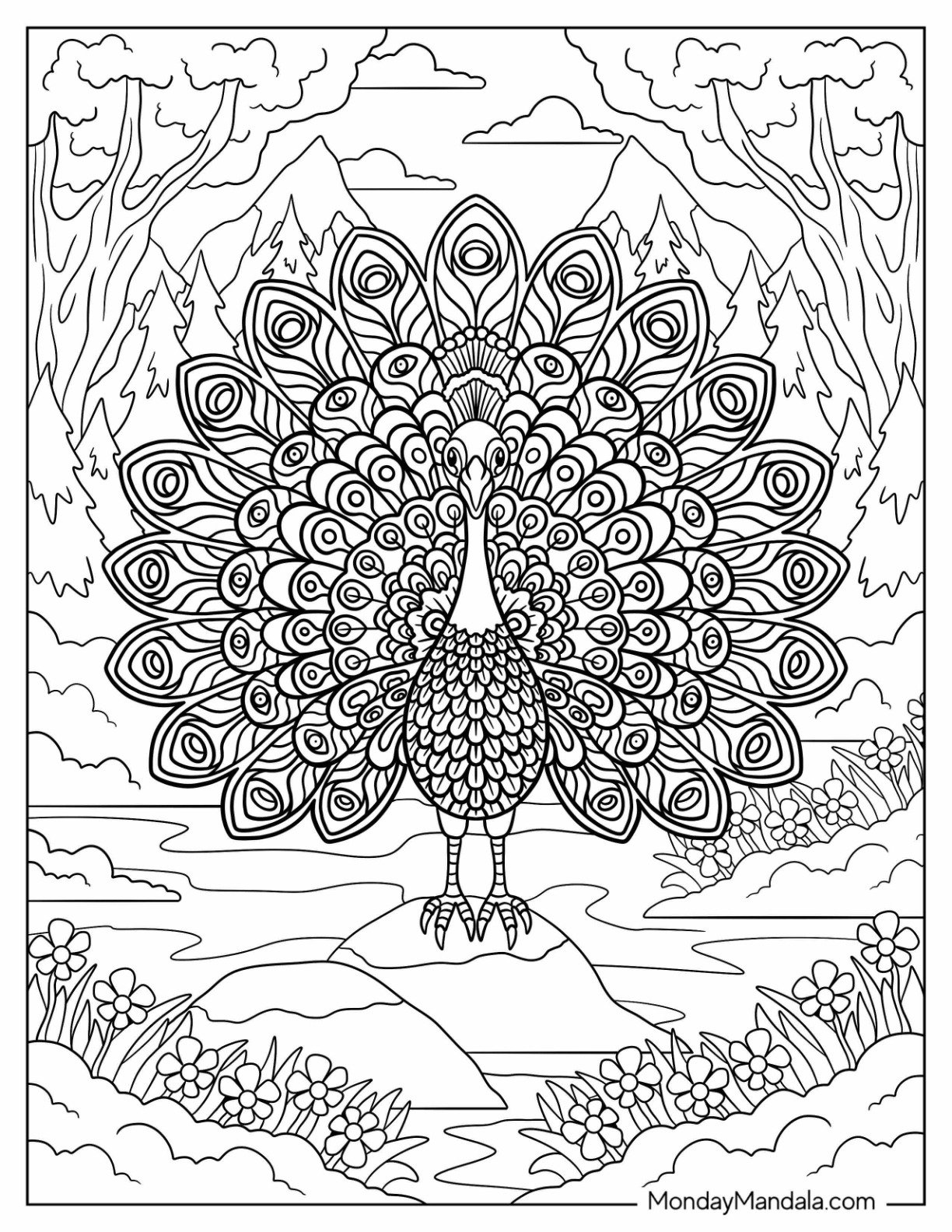 Peacock Coloring Page with Decorative Feathers In Woodland Meadow