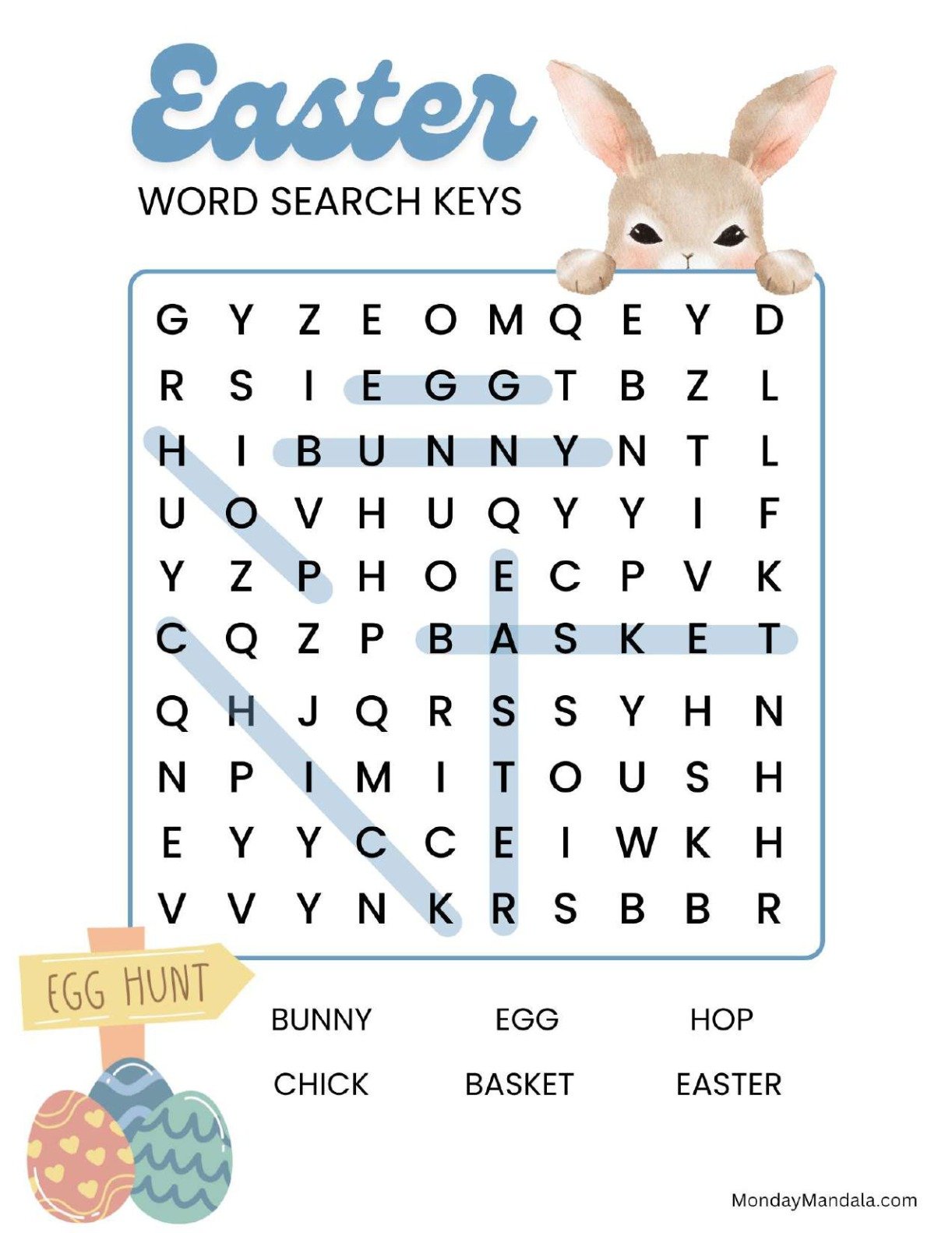 Peeking Bunny Easter Word Search Answer Key