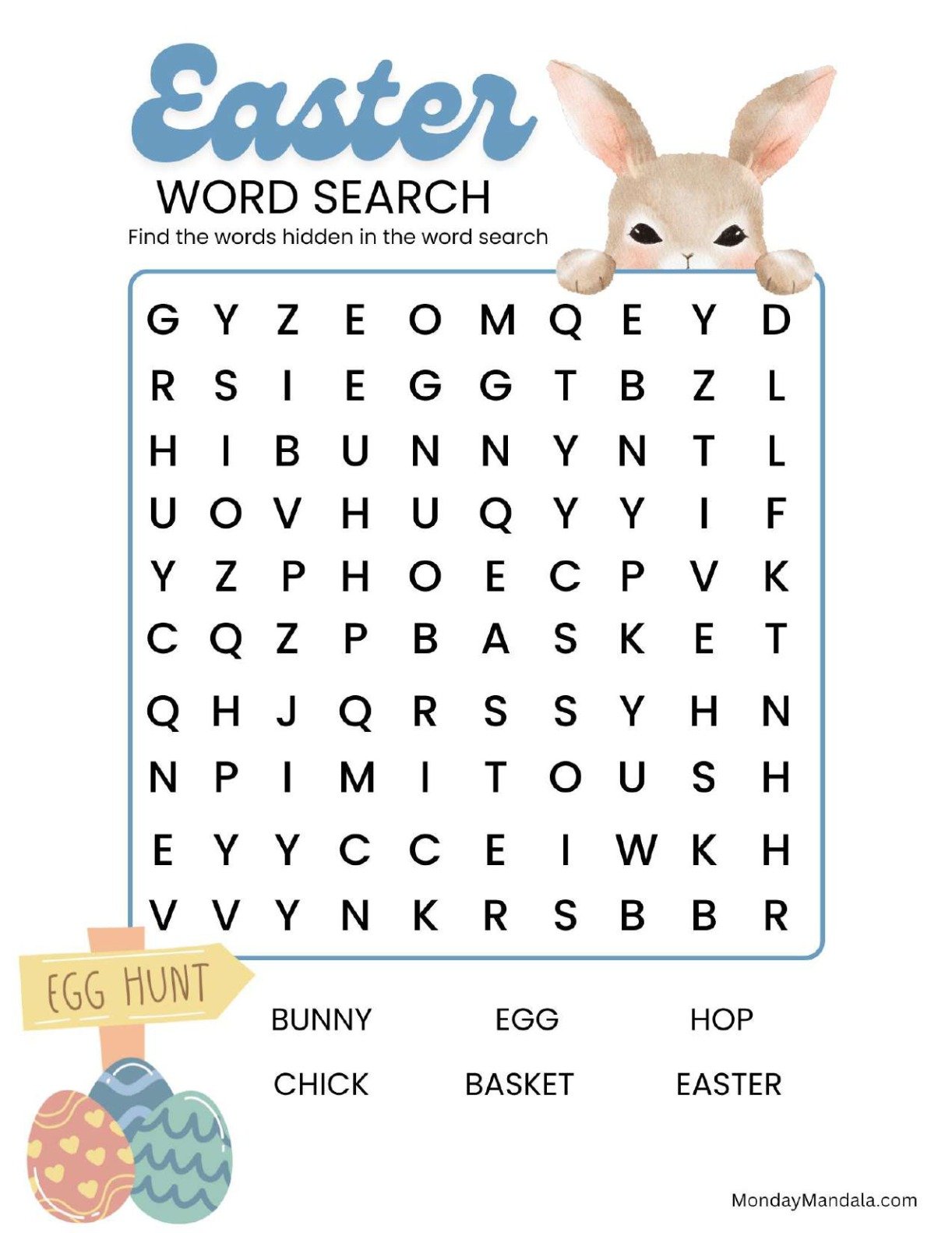Peeking Bunny Easter Word Search