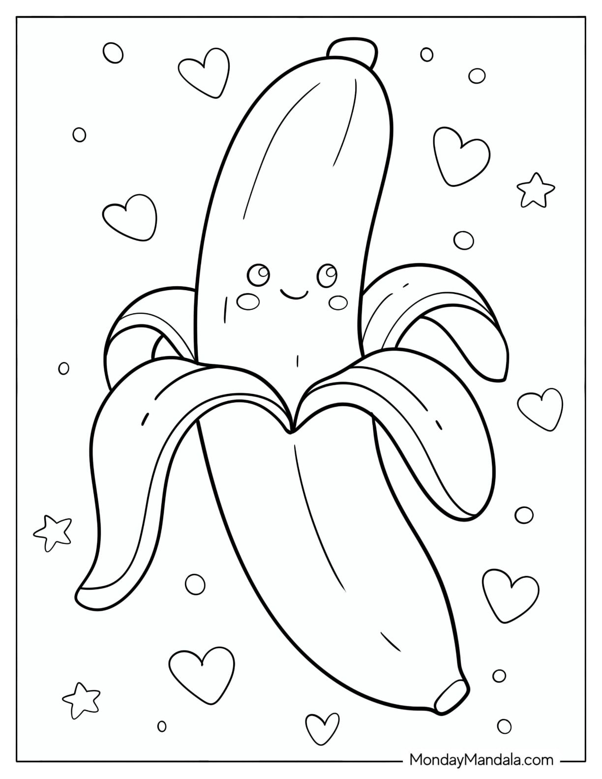 Peeled Cartoon Banana Coloring Page for Preschoolers