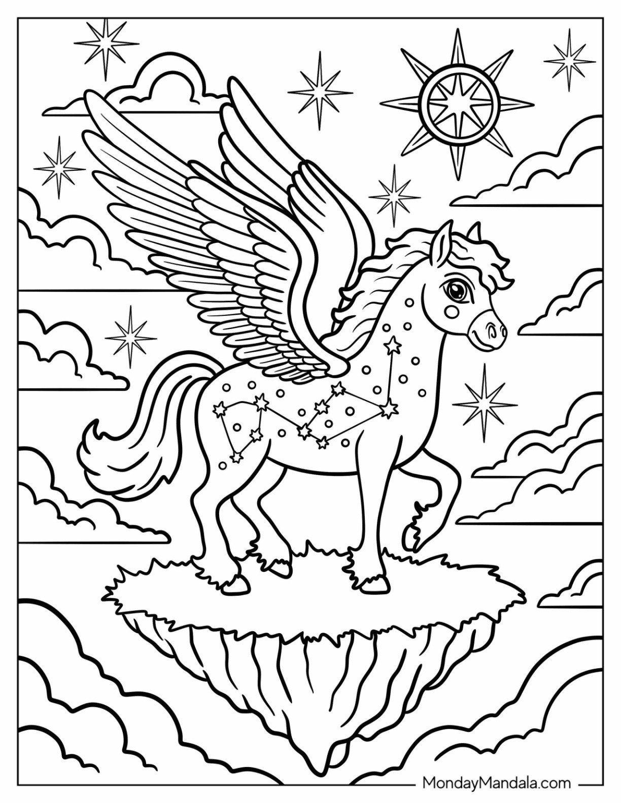 Pegasus Coloring Page Covered in Constellation on Floating Island