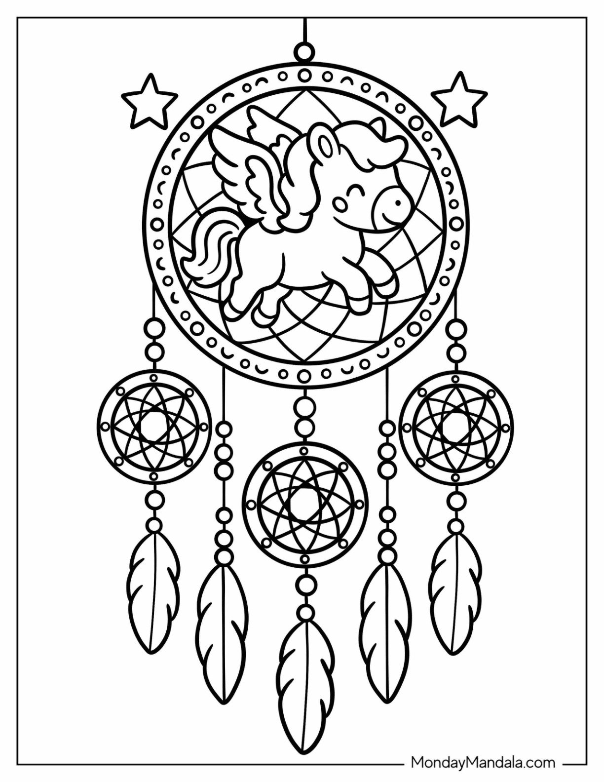Pegasus Coloring Page Dreamcatcher with Stars and Feathers For Kids