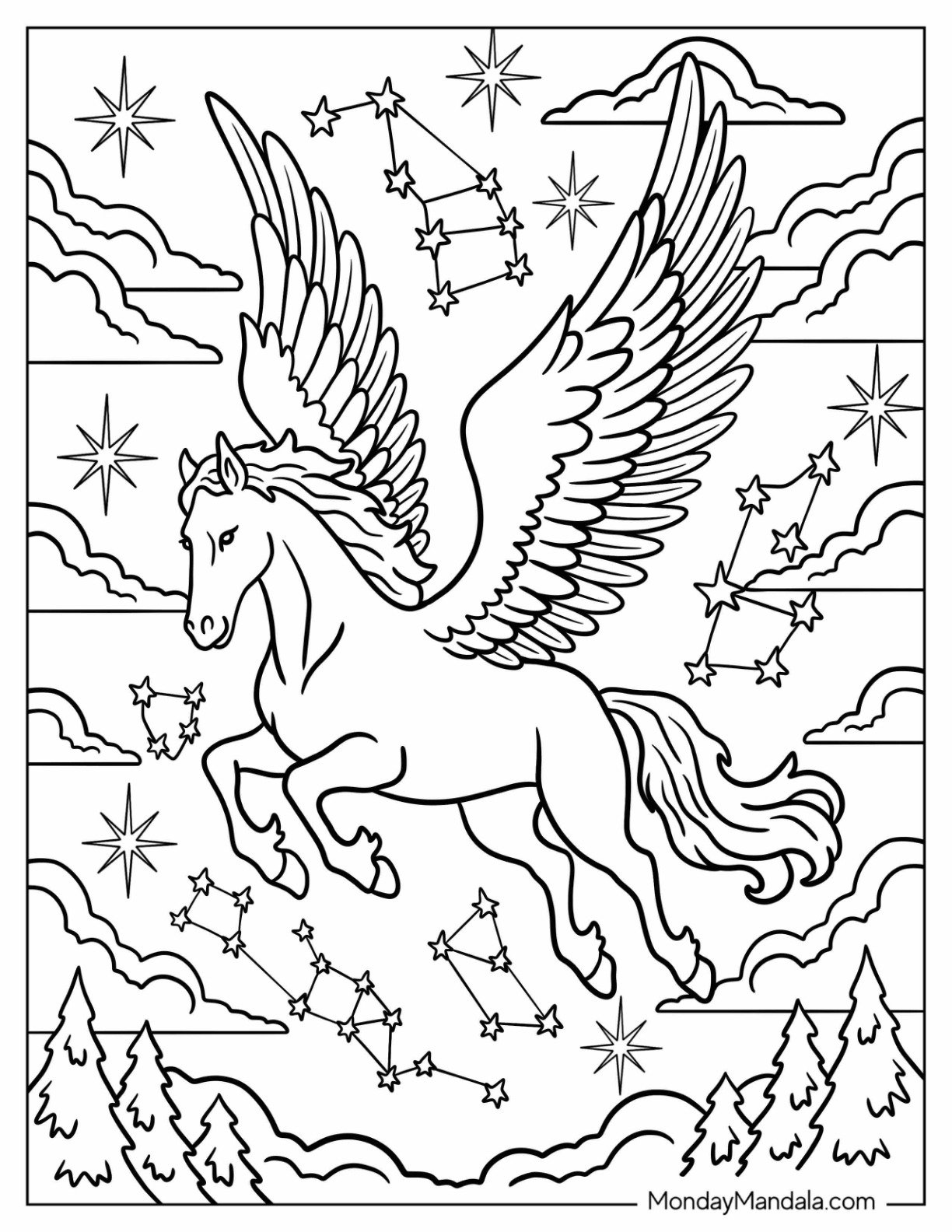 Pegasus Coloring Page Flying Through the Night Sky of Constellations