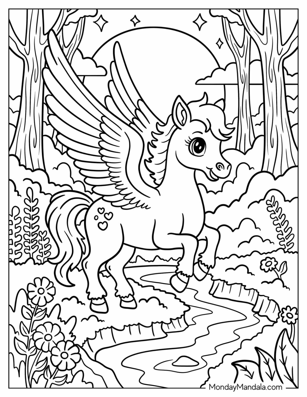 Pegasus Coloring Page by a Forest Stream at Sunset