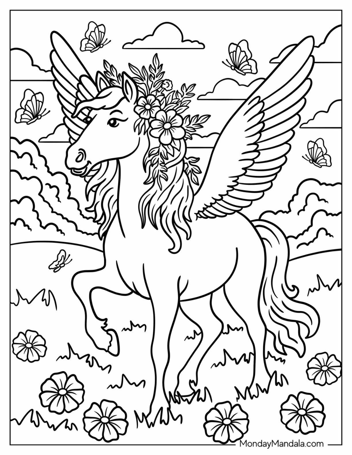 Pegasus Coloring Page with Flowers in Its Main in a Meadow with Butterflies