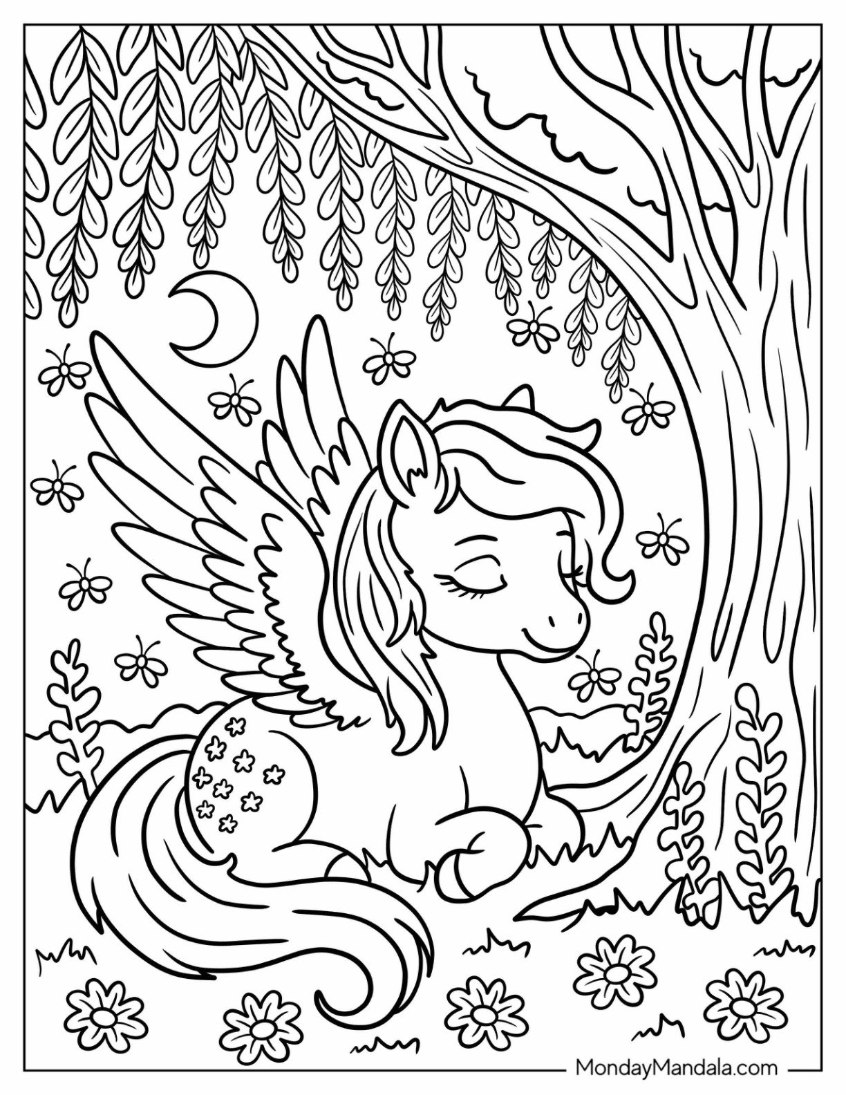 Pegasus Coloring Page with Starry Flank Sleeping in a Garden For Kids