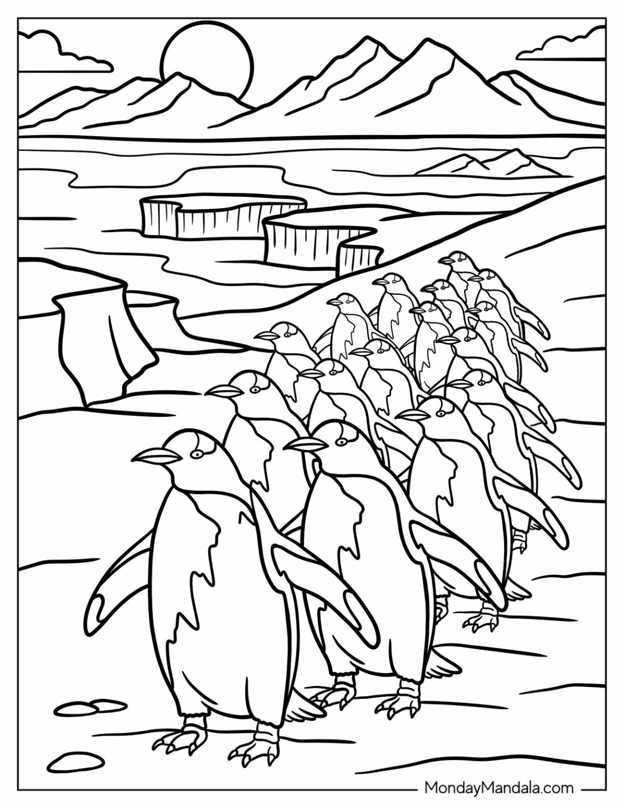 Penguin Coloring Page Colony Waddling Through Ice