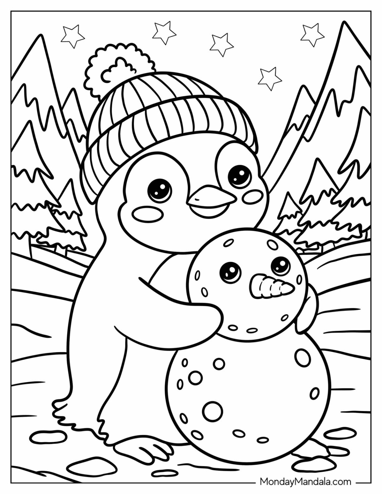 Penguin Coloring Page Hugging a Snowman for Kids