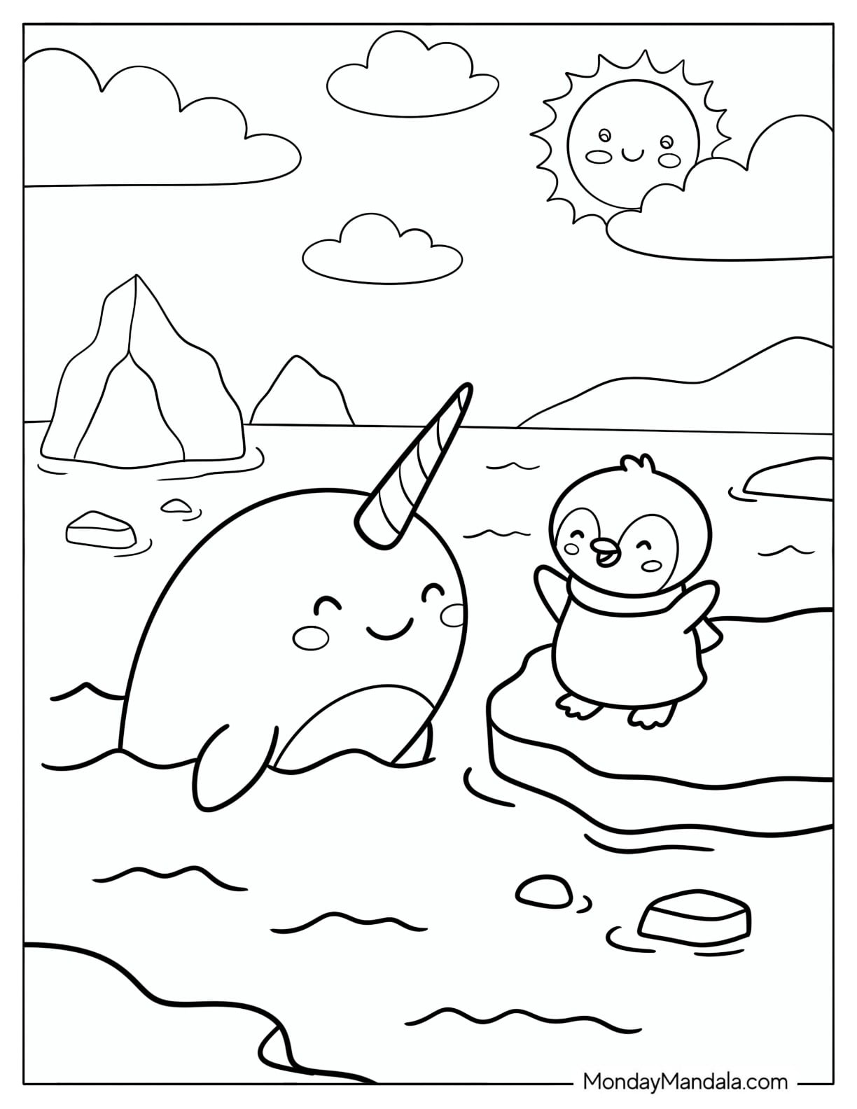 Penguin with Scarf Dancing for Narwhal Coloring Page for Kids