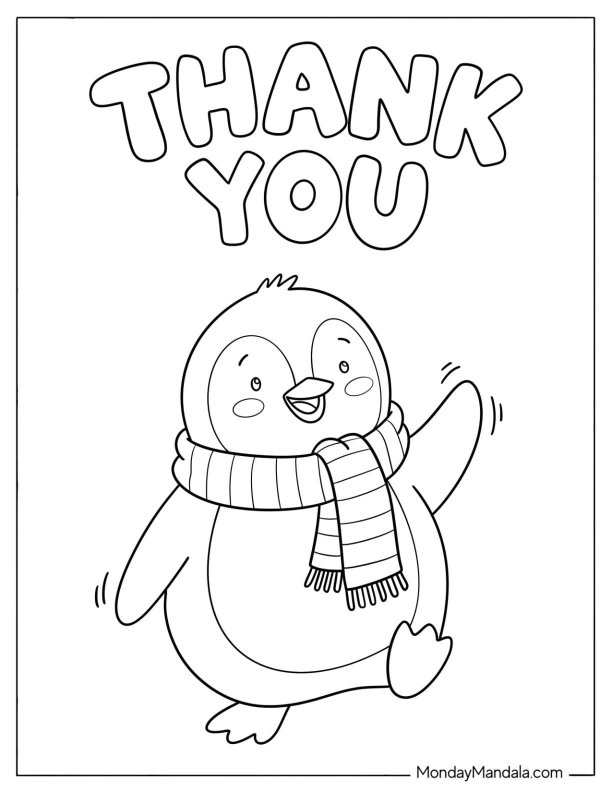 Penguin with Scarf and Thank You Text Coloring Sheet