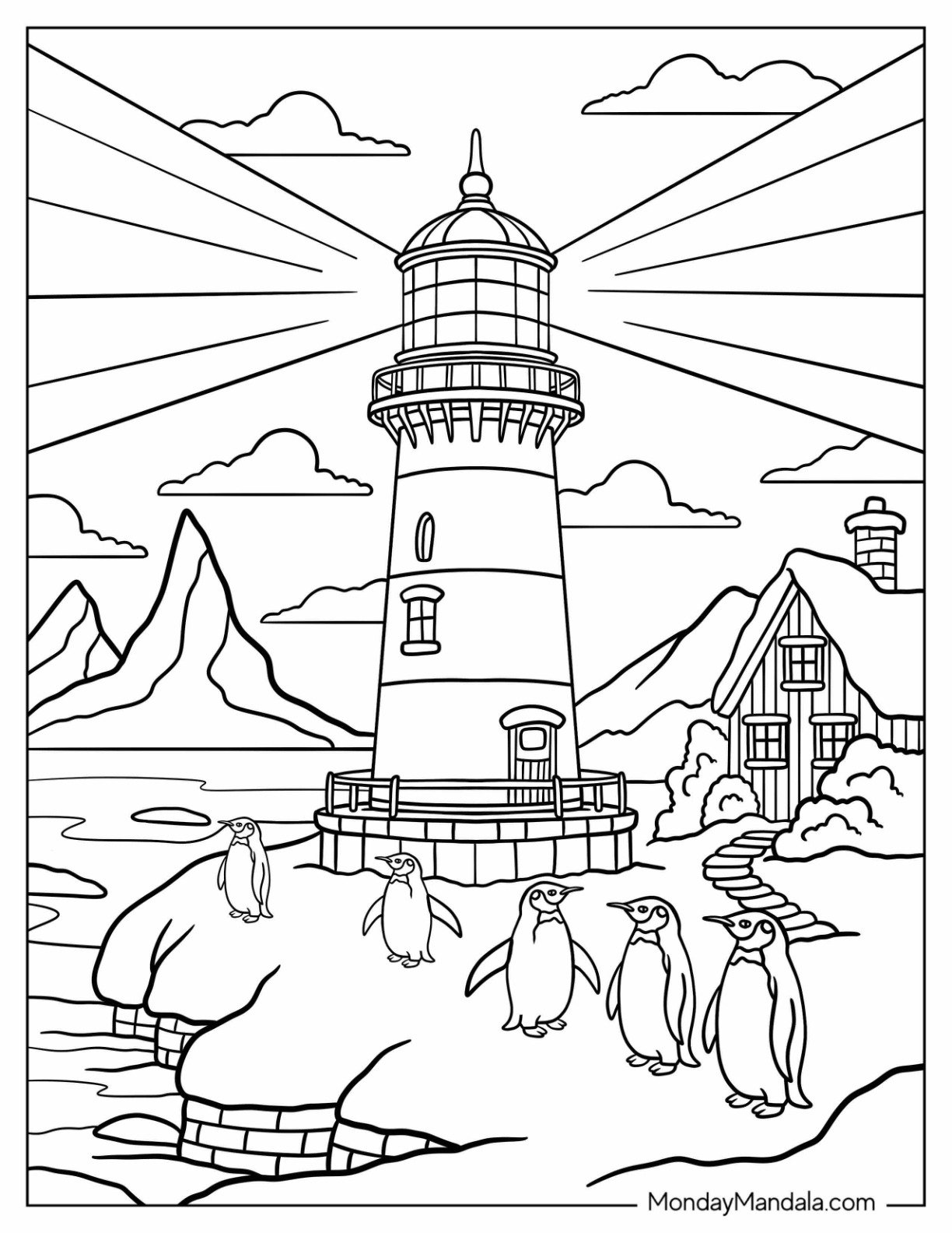 Penguins Lounging Outside a Lighthouse Coloring Page for Kids
