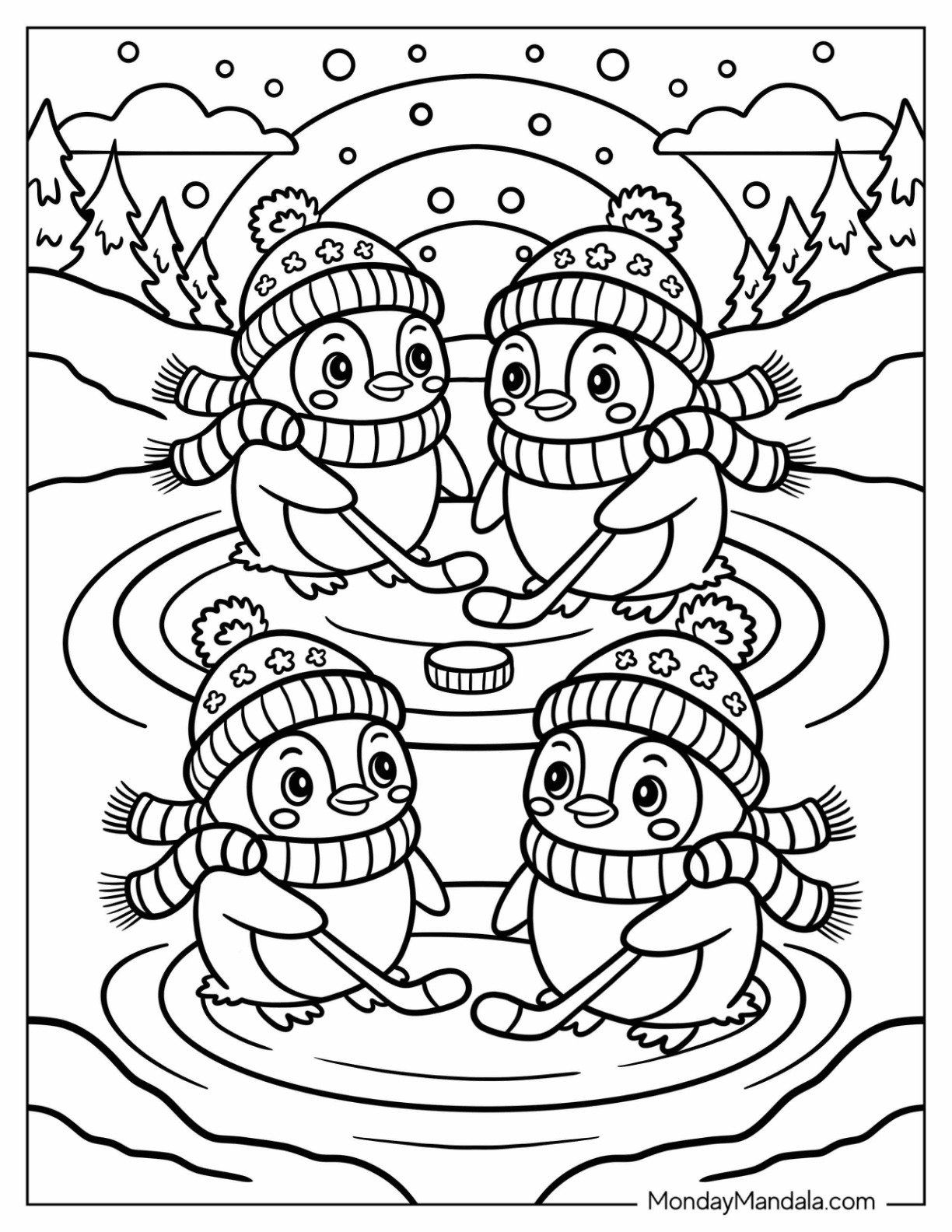 NHL & Hockey Coloring Page of Penguins with Beanies and Scarves Playing Ice Hockey for Kids