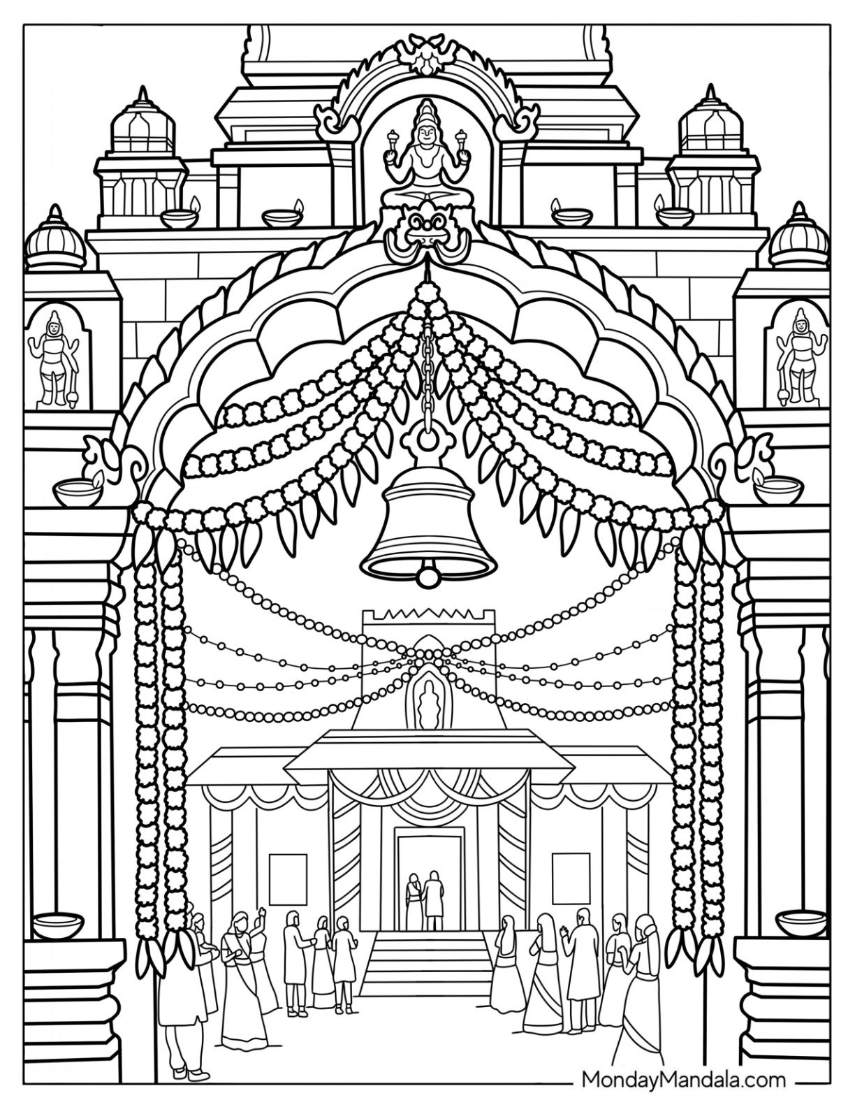 People Celebrating Diwali Coloring Page at a Hindu Temple