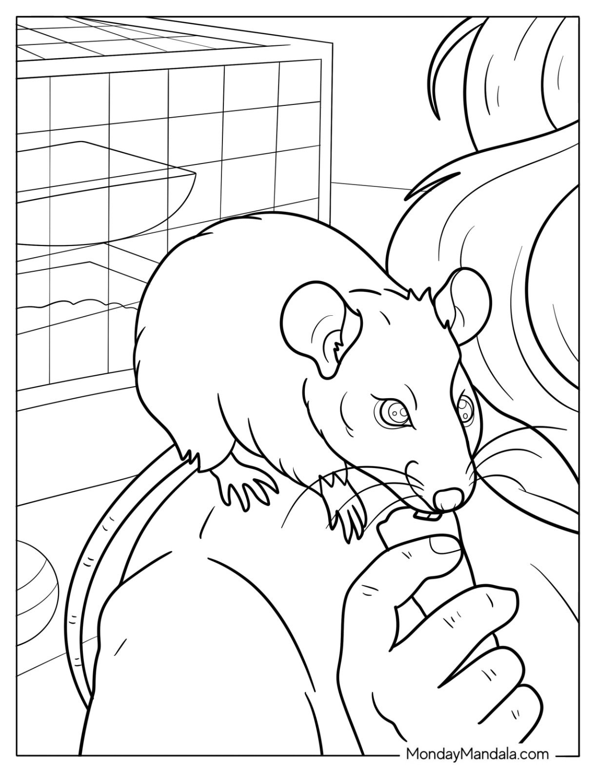 Pet Rat Coloring Page Eating Snacks on a Person’s Shoulder Near a Cage
