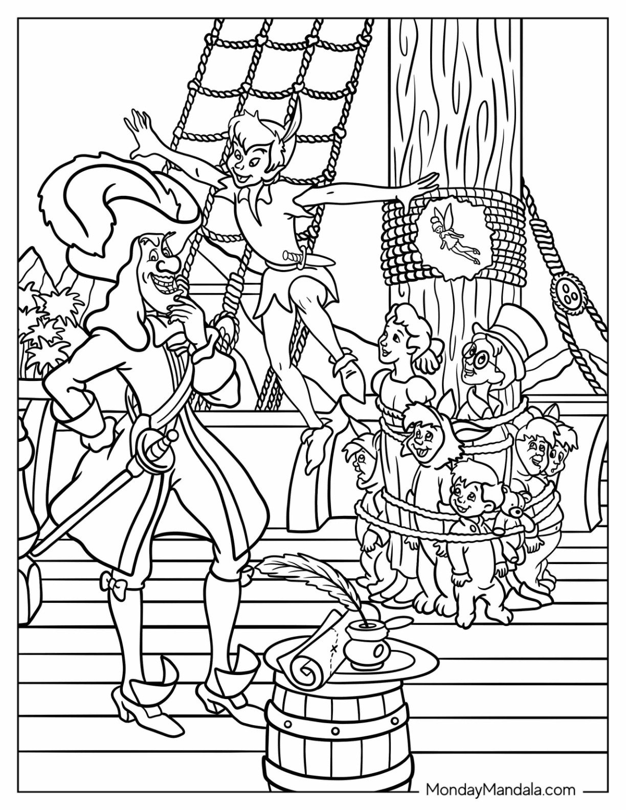Peter Pan Coloring Page Confronts Captain Hook on the Pirate Ship While Lost Boys and Wendy are Tied Up