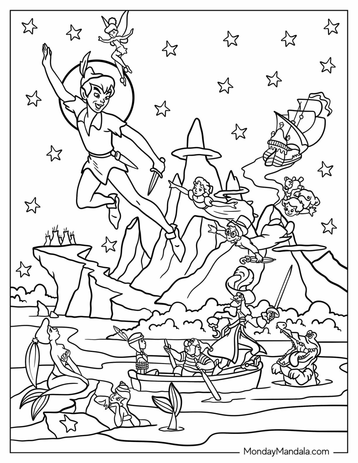 Peter Pan Coloring Page Flying Over Neverland with Tinker Bell and Friends