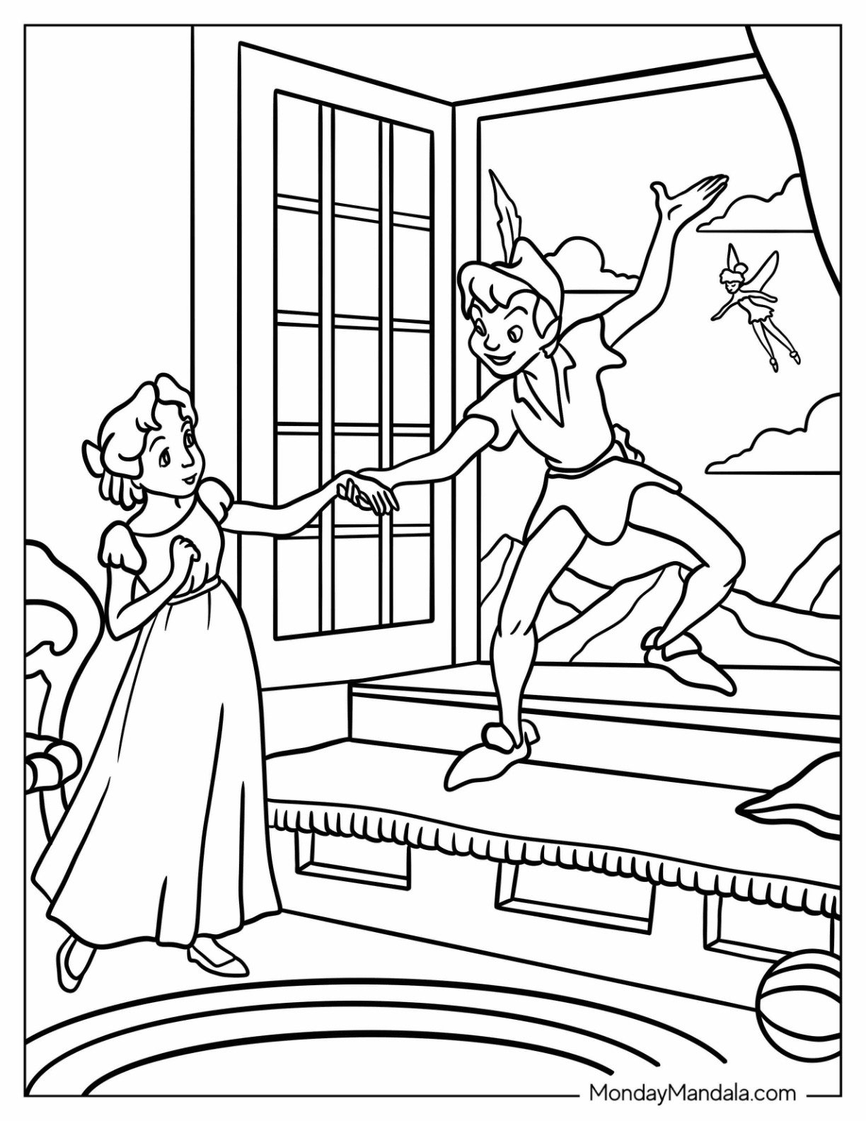 Peter Pan Coloring Page Inviting Wendy to Fly Out the Nursery Window