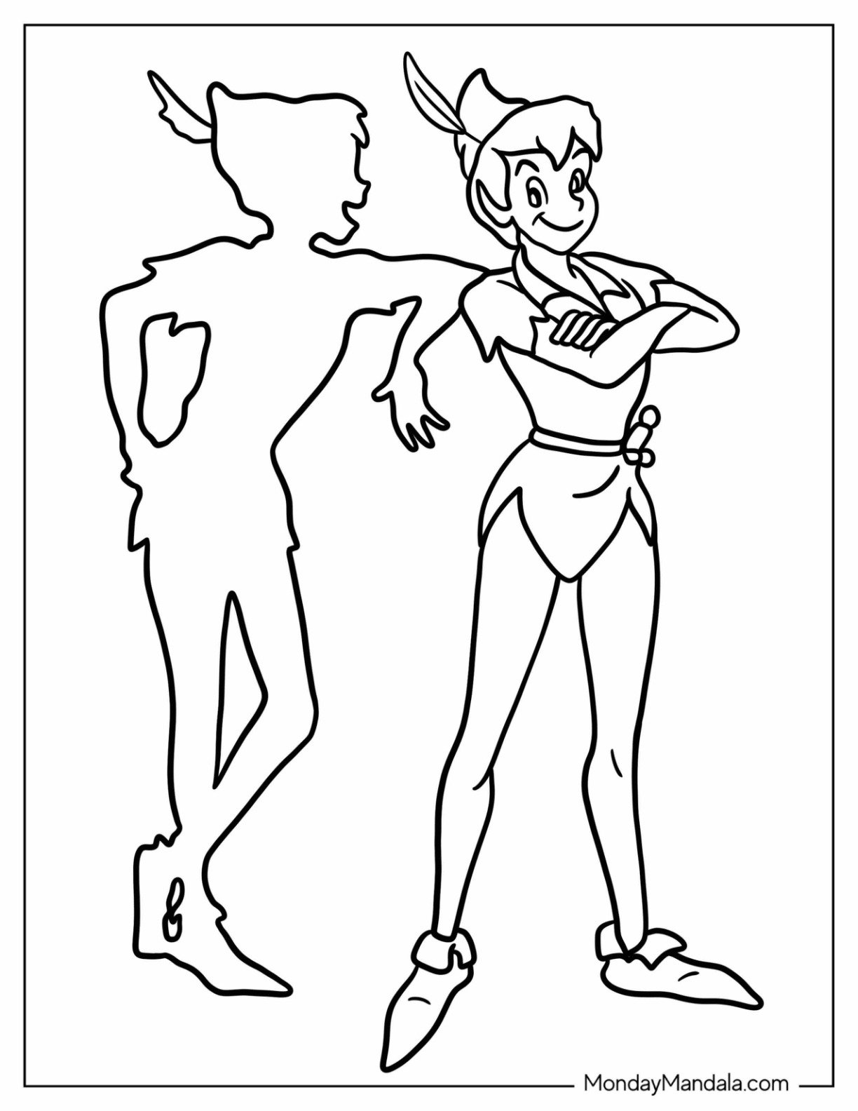 Peter Pan Coloring Page of Posing with His Shadow for Preschoolers