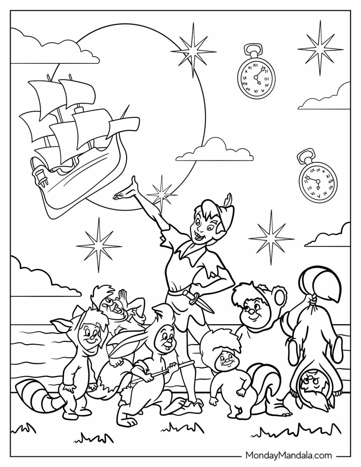 Peter Pan Coloring Page of the Lost Boys Watching the Flying Ship for Kids