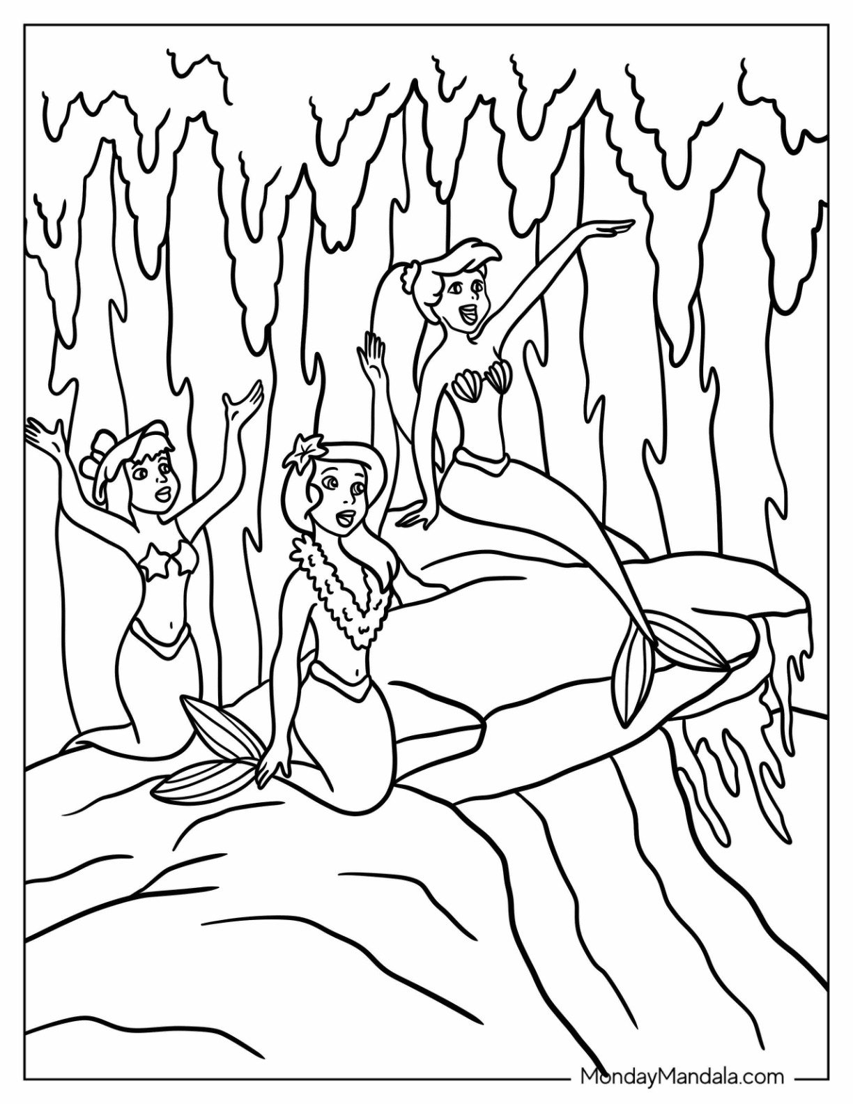 Peter Pan Coloring Page of Mermaid Friends in Enchanted Grotto