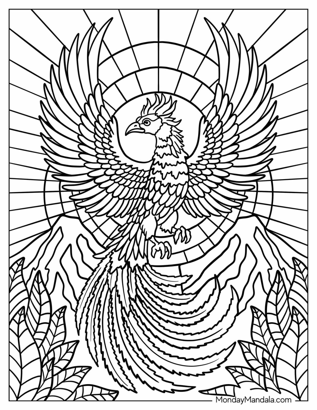 Phoenix Rising Over Mountains with Sun Rays in an Ornate Stained Glass Coloring Page