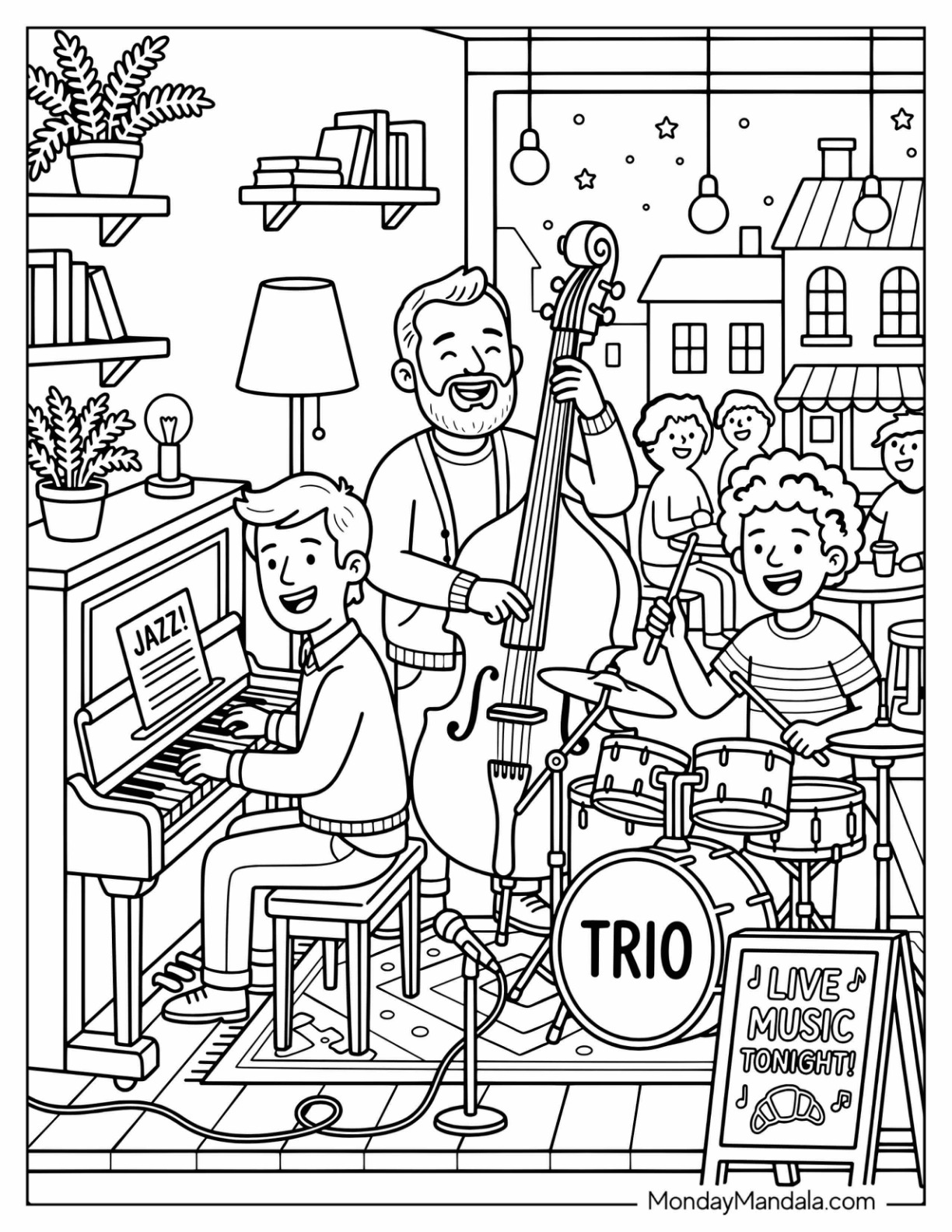 Pianist, Cellist, and Drummer Making Music in a Restaurant Coloring Sheet