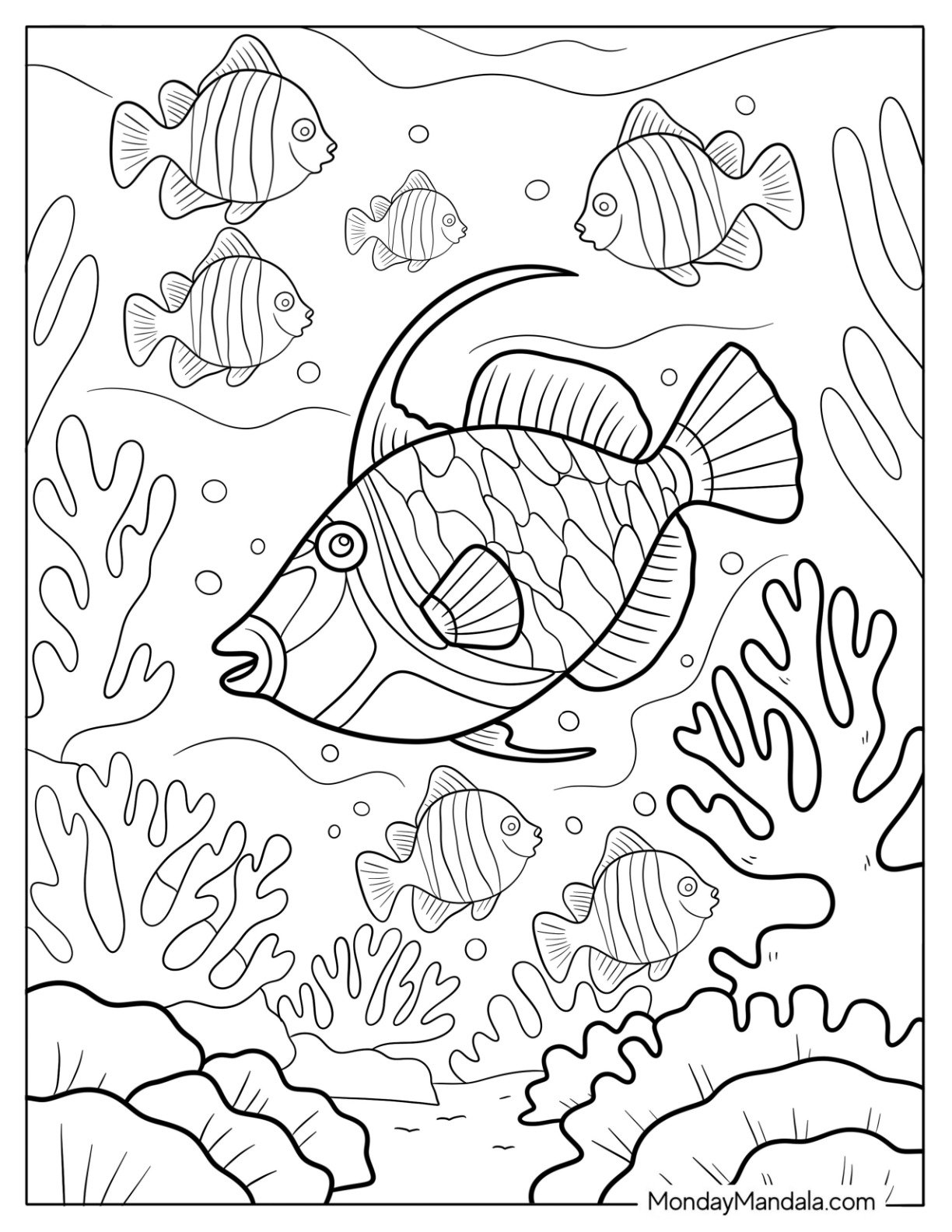 Fish Coloring Page of Picasso Triggerfish and Sergeant Majors in Coral Reef