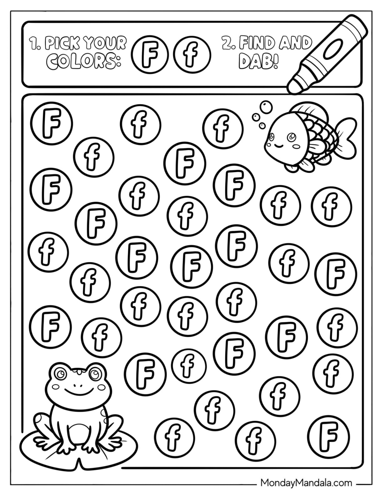 Pick Your Colors Letter F Coloring Page Worksheet