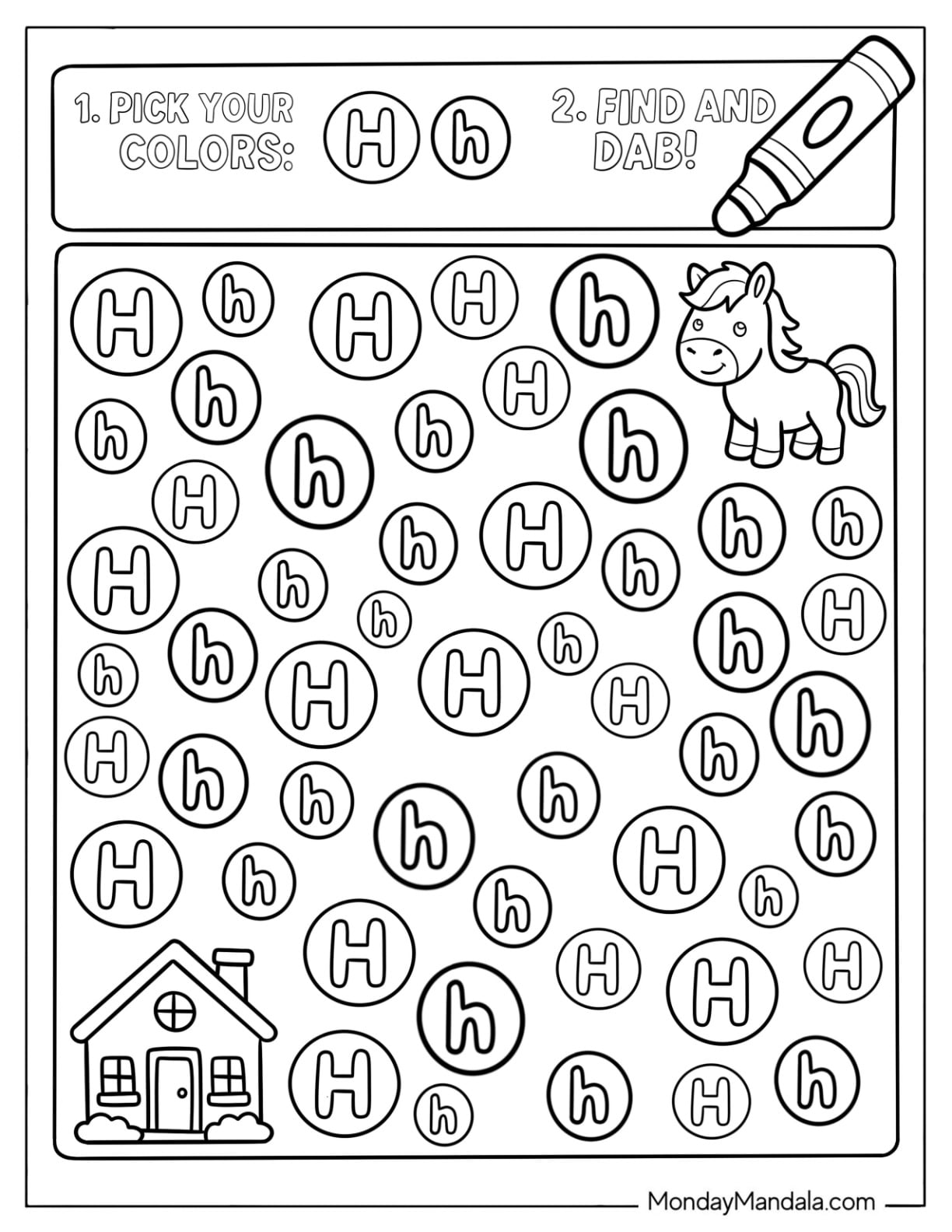 Pick Your Colors Letter H Coloring Page Worksheet for Kids