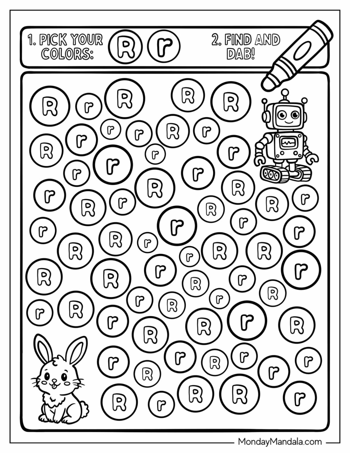 Pick Your Colors Letter R Coloring Page Worksheet