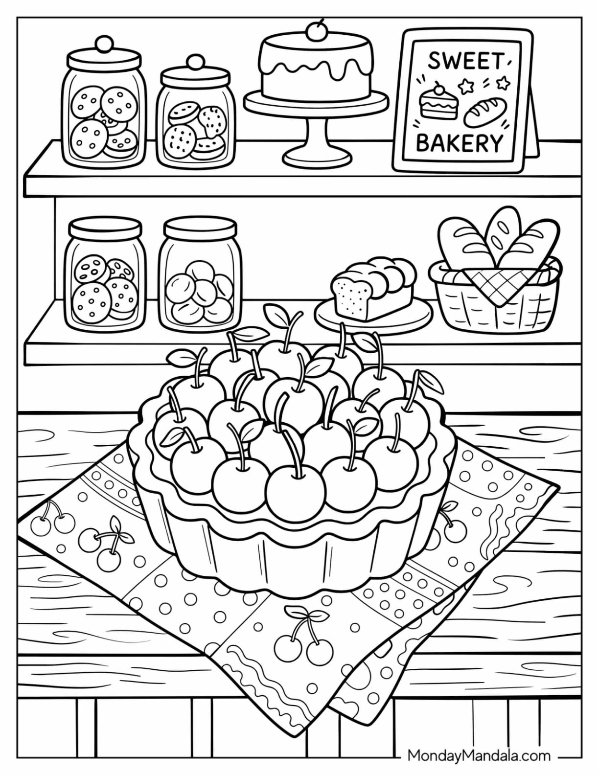 Pie with Fresh Cherries in a Bakery Coloring Page