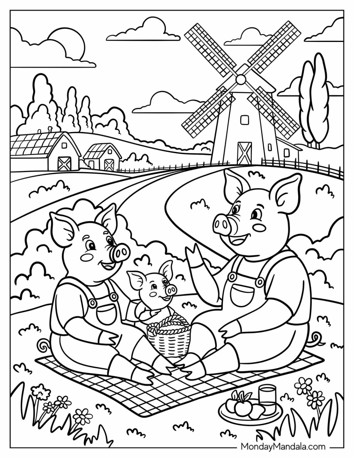 Pig Coloring Page Family Having a Picnic by a Windmill